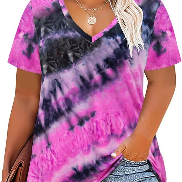 Versatile Women’s Plus Size Tie Dye Tunic - Soft V-Neck Blouse XL-5X - Picture 1 of 4